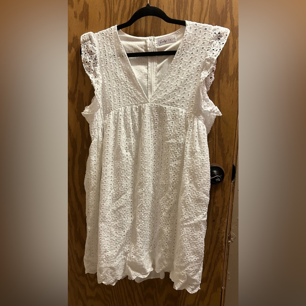 Beauty Stash White Eyelet Culotte Mini Dress, Zipper in back, Ruffled Sleeves
